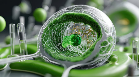 A green, fuzzy blob with a green stem and a green leaf. The blob is surrounded by a mesh of green materialの素材