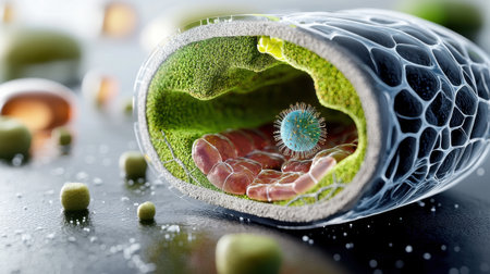 A close up of a cell with a green stem and a small blue ball inside. The cell is surrounded by a green and white backgroundの素材