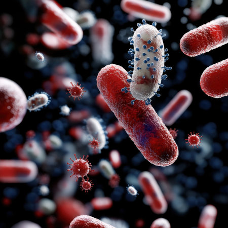 A bunch of red and white bacteria are floating in the air. The bacteria are in various shapes and sizes, and some are even grouped together. Concept of chaos and disorderの素材