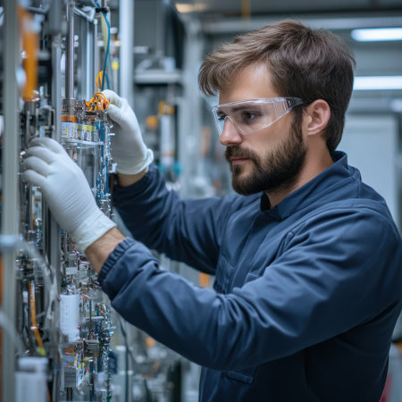 A man in a blue shirt and white gloves is working on a machine. He is wearing safety goggles and he is focused on his taskの素材
