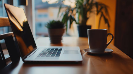 A laptop is open on a table with a cup of coffee next to it. The scene is set in a room with a window, and there are potted plants in the background. The atmosphere of the image is relaxedの素材