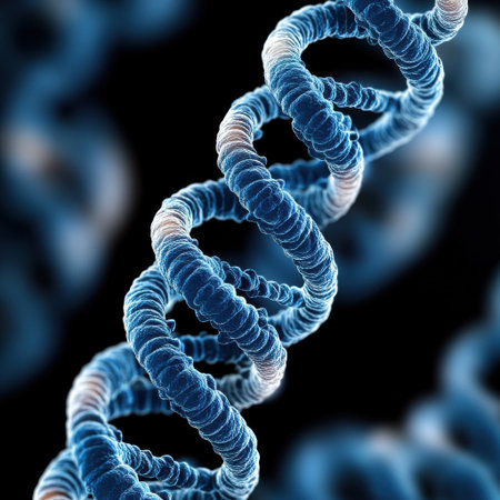 A blue and white DNA strand is shown in a close up. The strand is twisted and has a spiral shapeの素材