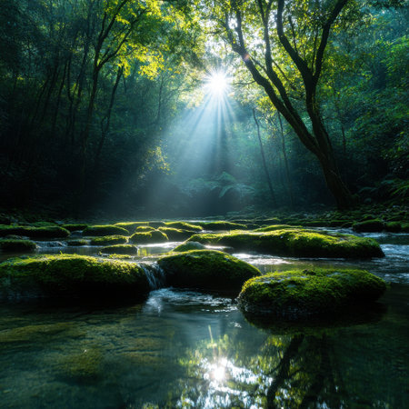 A forest with a stream of water and mossy rocks. The sun is shining through the trees, creating a peaceful and serene atmosphereの素材