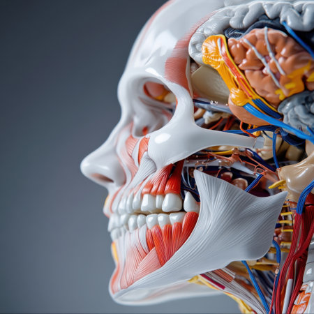 A close up of a human face with the muscles and bones of the face visible. Concept of realism and detail, showcasing the intricate structure of the human bodyの素材