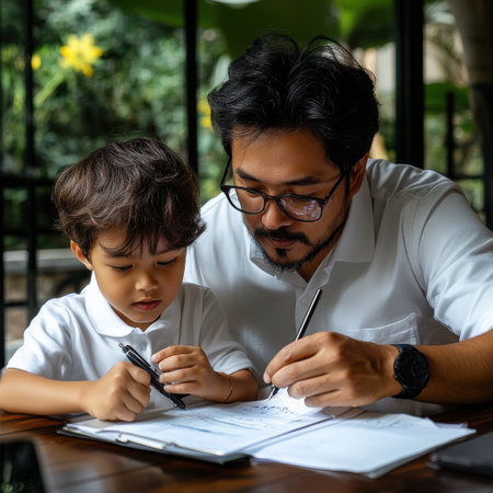 A man and a boy are sitting at a table, with the man helping the boy write. The boy is using a pen and the man is using a pencil. Concept of learning and bonding between the twoの素材