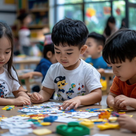 A group of children are playing with toys and one of them is wearing a shirt with a pirate on itの素材