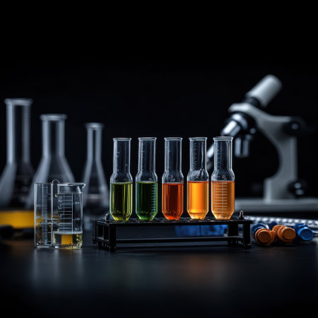 A collection of glass beakers and test tubes with various colored liquids in them. Concept of scientific experimentation and discoveryの素材