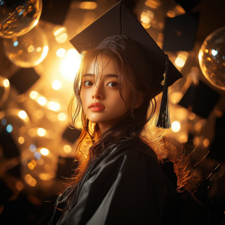 A woman in a graduation gown poses for a picture. The image has a warm, glowing atmosphere, with the woman's face illuminated by the light. Scene is celebratory and happyの素材