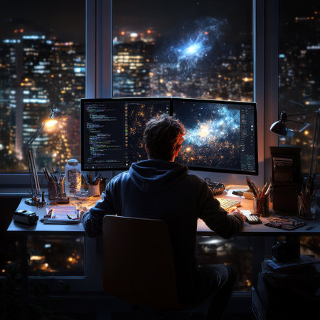 A man is sitting at a desk with two computer monitors in front of him. He is working on a project and he is focused. The room is dimly lit, giving it a cozy and intimate atmosphereの素材