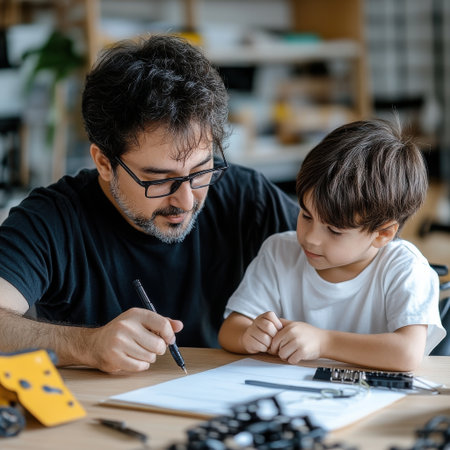 A man and a boy are sitting at a table with a piece of paper in front of them. The man is writing with a pen, and the boy is watching. Concept of learning and bonding between the twoの素材