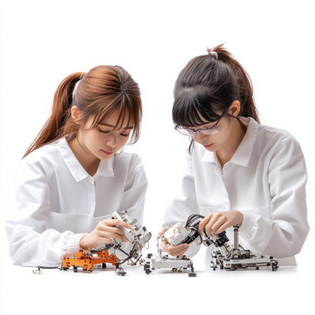 Two women in white lab coats are working on a project. One of them is wearing glasses. The project appears to be a robotの素材