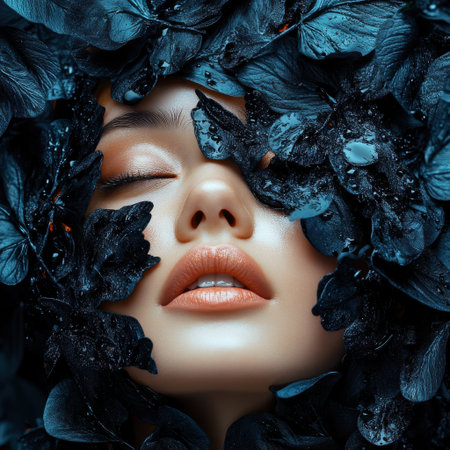A woman's face is covered in leaves, giving the impression of a butterfly. The image is a creative and artistic representation of the woman's beauty and featuresの素材