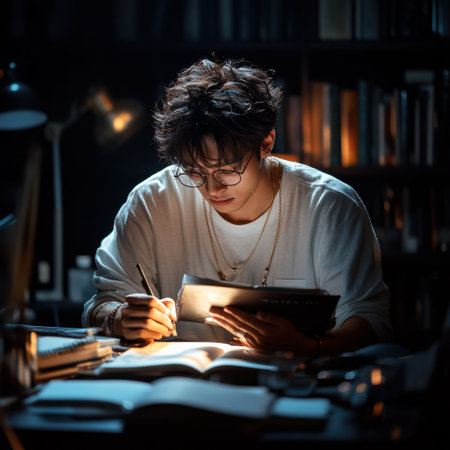 A man is sitting at a desk with a pen and a book. He is writing in the bookの素材