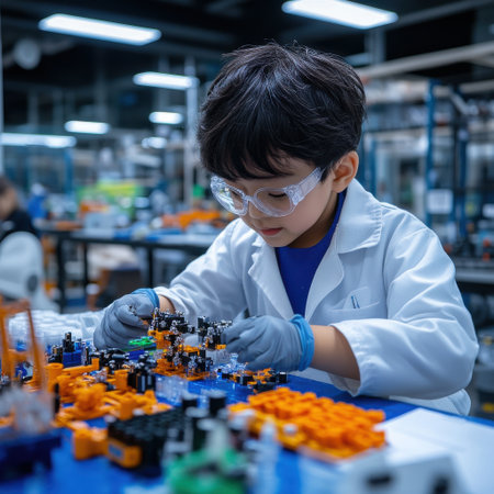 A young boy in a lab coat is working on a project with various electronic components. He is wearing gloves and goggles, which suggests that he is working with potentially hazardous materialsの素材