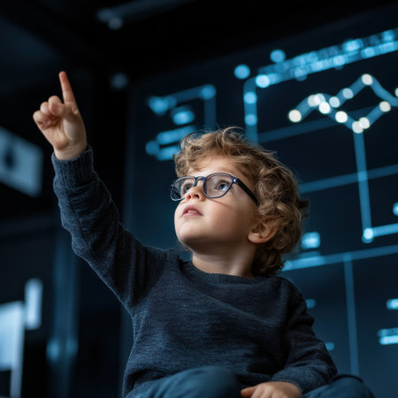 A young boy wearing glasses is pointing at a computer screen. Concept of curiosity and interest in the content displayed on the screenの素材