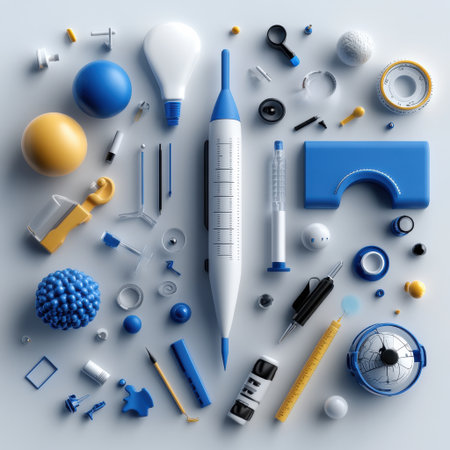 A collection of objects, including a pen, a ruler, and a ball, are scattered across a white background. Concept of creativity and playfulnessの素材
