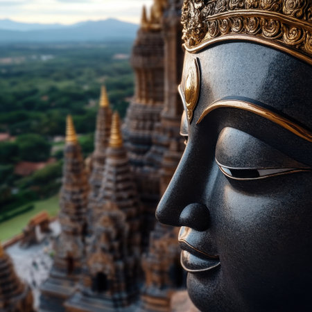 A statue of a face with a gold rim sits in front of a mountain range. The statue is surrounded by a peaceful and serene atmosphereの素材