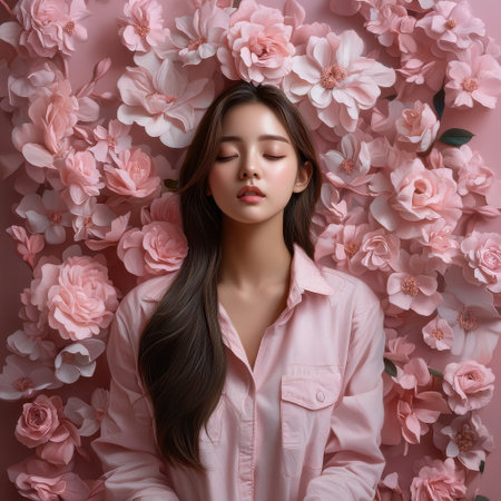 A woman is lying down in a pink room with flowers. She is wearing a pink shirt and has her eyes closedの素材