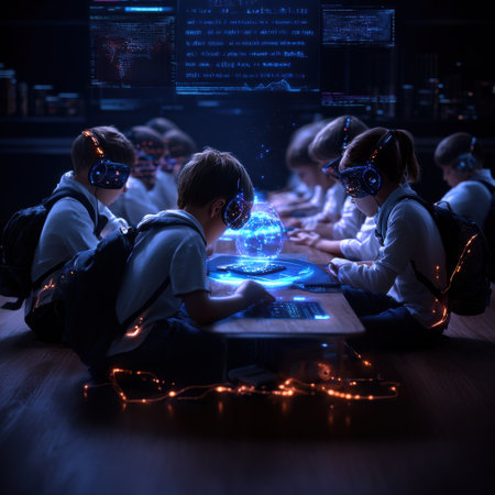 A group of children are sitting around a table playing a video game. The children are wearing virtual reality headsets and are focused on the game. Scene is playful and funの素材