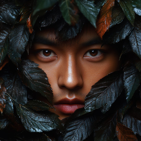 A man's face is hidden by a bunch of leaves. The leaves are dark and the man's face is brownの素材