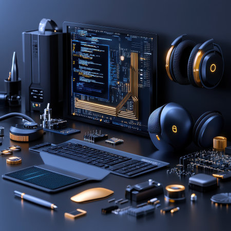 A computer desk with a keyboard, mouse, and a monitor. The monitor is displaying a computer programの素材