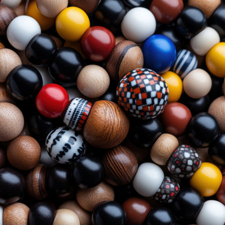 A collection of wooden beads in various colors and patterns. The beads are arranged in a way that creates a visually interesting and diverse display. Scene is one of creativity and artistic expressionの素材