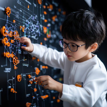 A young boy is playing with a model of a circuit board. He is wearing glasses and is focused on the boardの素材