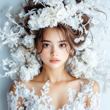 A woman with a flower crown on her head. She has a very pretty face and is wearing a white dressの素材