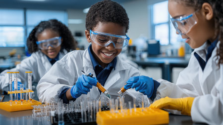 Three children in lab coats are working on a science experiment. They are wearing safety goggles and glovesの素材