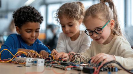 Three children are working on a project together. One of the children is wearing glasses. The children are smiling and seem to be enjoying themselvesの素材