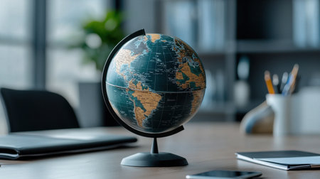 A globe sits on a desk with a laptop, a cell phone, and a pen. The desk is in a room with a window and a potted plant. Concept of productivity and focusの素材