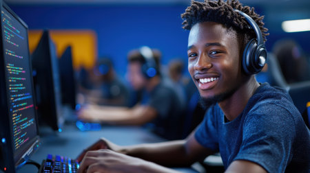 A young man wearing headphones is smiling at the camera while sitting in front of a computer. Concept of happiness and enjoyment, as the man is having a good time while working or playing a gameの素材