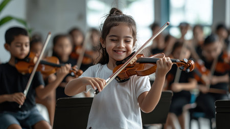 A young girl is playing the violin in front of a group of children. She is smiling and she is enjoying herself. The other children are also playing instruments, creating a lively and joyful atmosphereの素材