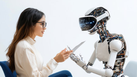 A woman is sitting in a chair and talking to a robot. The robot is white and has a human-like appearance. The woman is wearing glasses and seems to be engaged in a conversation with the robotの素材