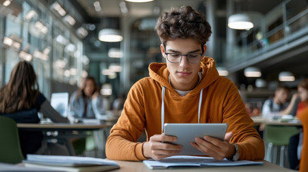A young man in an orange hoodie is sitting at a table with a tablet in front of him. He is focused on the screen, possibly working on a project or studying. The scene suggests a quietの素材