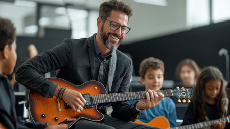 A man is playing a guitar in front of a group of children. The man is smiling and he is enjoying himself. The children are watching him play and seem to be interested in the musicの素材
