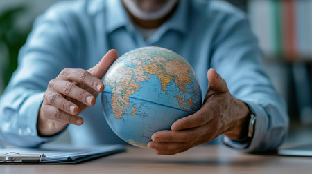 A man is holding a globe in his hands. The globe is blue and white. The man is wearing a blue shirtの素材