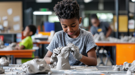 A young boy is sitting at a table in a classroom, working on a project. He is wearing a gray shirt and has his hands on his lap. There are other children in the roomの素材