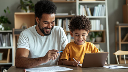 A man and a boy are sitting at a table with a laptop and a pen. The man is teaching the boy how to writeの素材