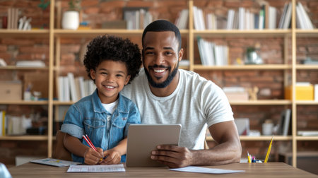 A man and a child are sitting at a table with a tablet in front of them. The man is smiling and the child is smiling as well. The scene seems to be a bonding moment between the twoの素材