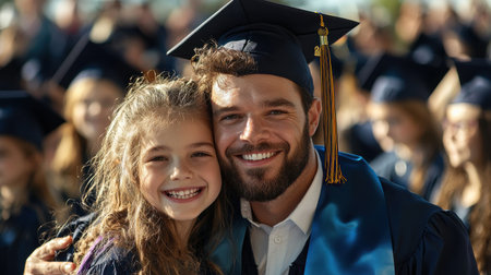 A man and a girl are smiling for the camera. The man is wearing a graduation cap and gownの素材