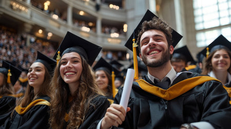 A group of graduates are smiling and holding their graduation certificates. Scene is happy and celebratoryの素材