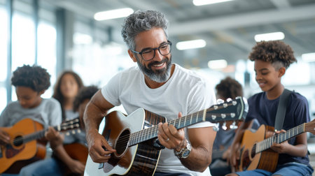 A man is playing a guitar in front of a group of children. The man is smiling and he is enjoying himself. The children are watching him play and seem to be interested in the musicの素材