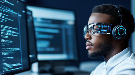 A man wearing glasses and headphones is looking at a computer screen with a blue background. He is focused on the screen, possibly working on a project or taskの素材