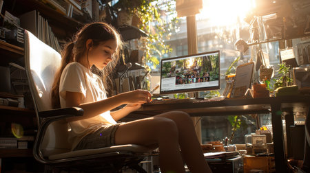 A girl is sitting at a desk with a computer monitor and a cell phone. She is looking at the cell phoneの素材