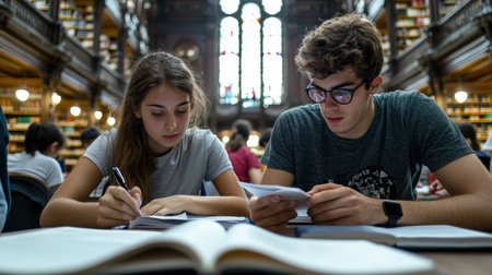 Two students are sitting at a table in a library, one of them writing in a notebook while the other looks at a piece of paper. Concept of focus and concentrationの素材