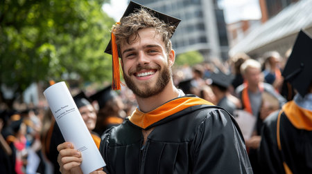 A man in a black graduation gown holding a white graduation certificate. He is smiling and he is happyの素材