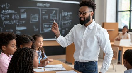 A teacher is writing on a blackboard with a marker. The students are sitting at a table and listening to the teacher. Scene is educational and focusedの素材