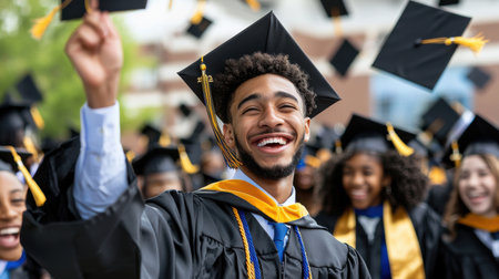 A group of graduates are smiling and holding their caps and gowns high in the air. Scene is celebratory and joyful, as the graduates are proud of their accomplishments and excited for their futureの素材