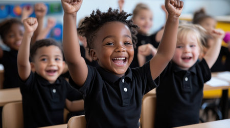 A group of children are smiling and raising their hands in the air. They are all wearing black shirts and are sitting in a classroom. Scene is happy and joyfulの素材